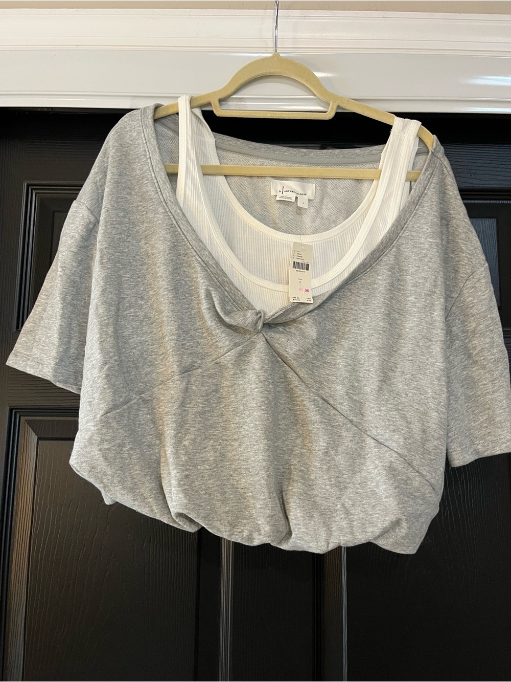 Anthropologie Gray Cropped Knot-Front Bubble Top with Layered White Tank